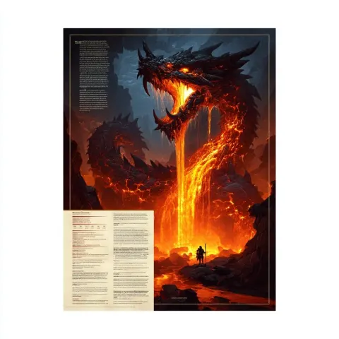 A single page from a book that showcases and illustration of a monster as well as it's statblock. Th