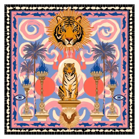 A square luxury silk scarf centered on a majestic tiger in a bold psychedelic folk art composition.