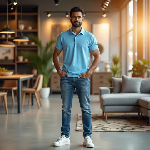 Confident Salesperson in a Sleek Furniture Showroom
