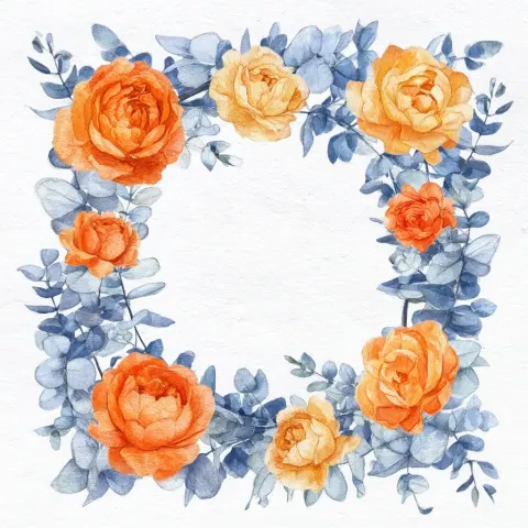 A stunning square floral frame composition with bright orange and gold garden roses in full bloom. T