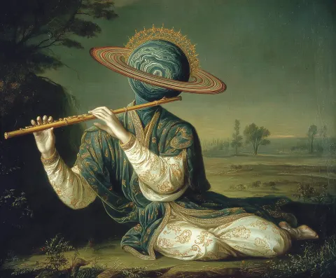 A surreal full-body humanoid creature with a planet as its head