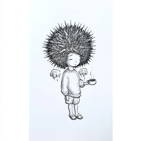 A surreal hand-drawn ink illustration of a small character with a large spiky, sun-like head