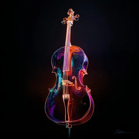 A true black background with neon light painting depicting a cello