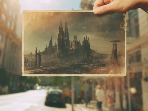 A surreal scene where an old photograph of a futuristic city appears more aged than the real world a