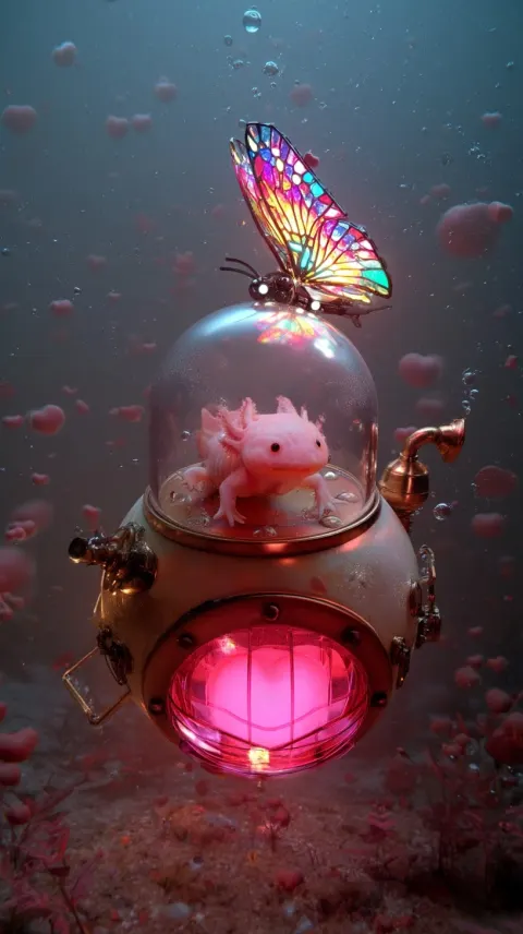 A tiny glowing axolotl floats peacefully inside the glass dome of a miniature steampunk submarine; t