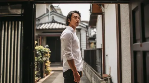 A 26-year-old Japanese man standing outside his family home hesitating