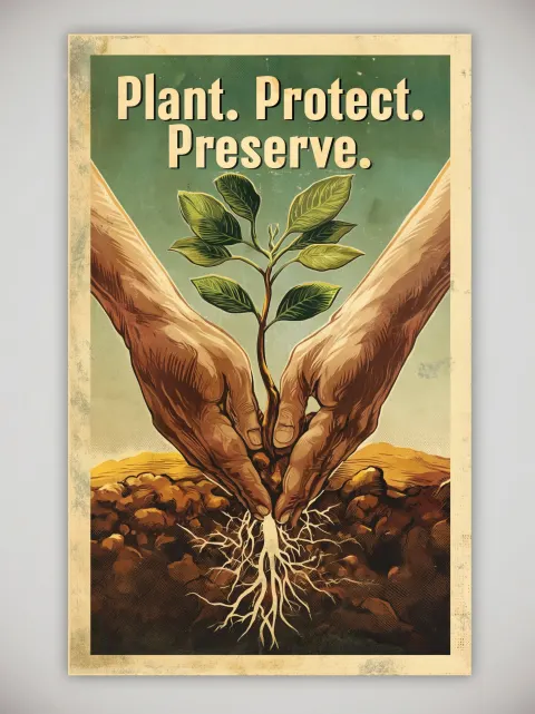 A vintage conservation poster illustration featuring hands gently planting a small tree sapling into