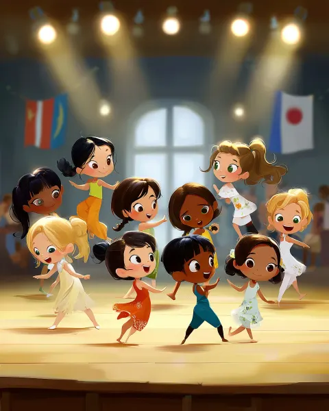 A whimsical illustration of children from different cultures dancing together on a school stage with