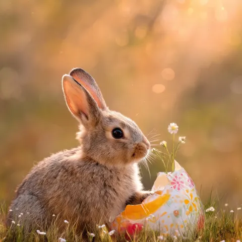 A whimsical yet refined Easter scene with a rabbit gently touching a large decorated cracked egg