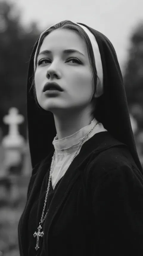 Photography of a nun, a very beautiful young woman, looking into the distance, dreaming