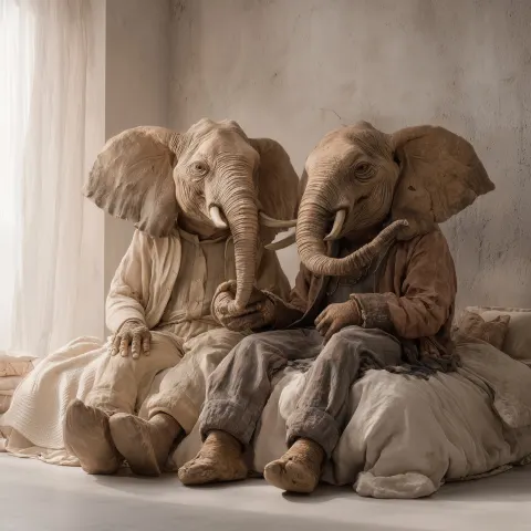 A hyper realistic anthropomorphic elephant couple with human bodies and elephant heads