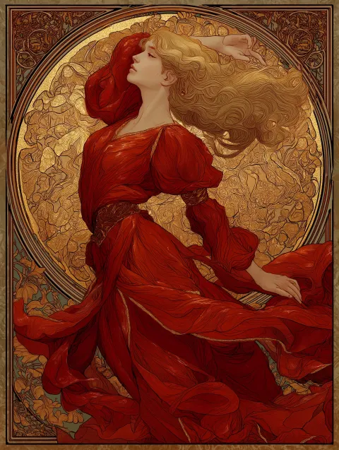 Painting in the style of mucha, a beautiful woman in a red flowing gown, full-body portrait