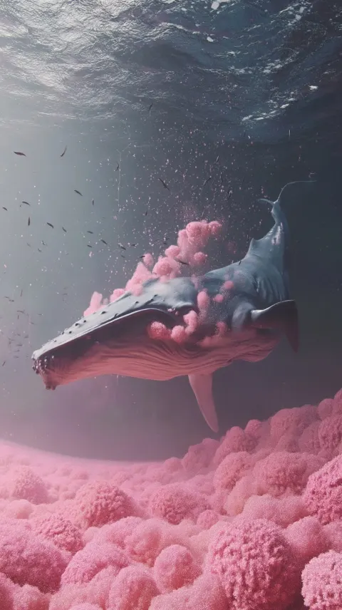 With a deep depth of field, a massive whale swims through a pink seabed. The water’s surface ripples