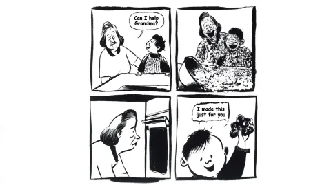 A 4-panel square format comic strip with thick outlines. Upper left panel: an elderly woman and a sm