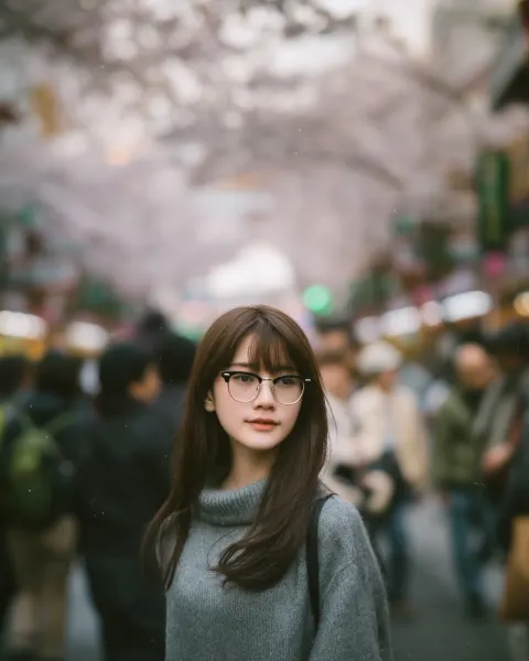 The japanese young woman with clubmaster glasses in the image standing on a many cherry blossoms str