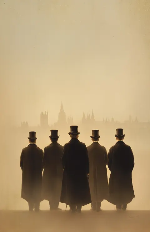 Five elegant male silhouettes in top hats and frock coats standing side by side, seen from behind