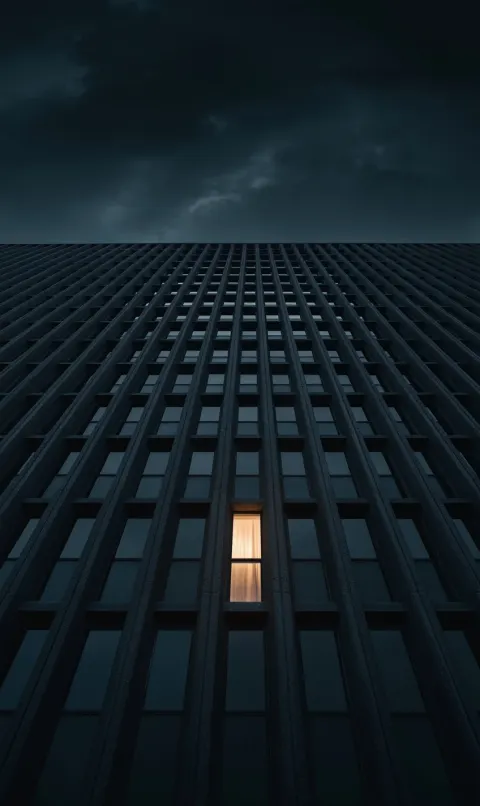 A massive, dark apartment building facade made of brutalist concrete, under a cloudy
