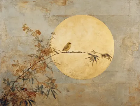 In the painting, a thin branch extends diagonally from left to right