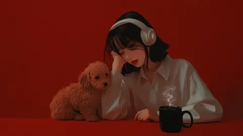 A tired, contemplative young Asian woman, wearing a white button-up shirt and white headphones
