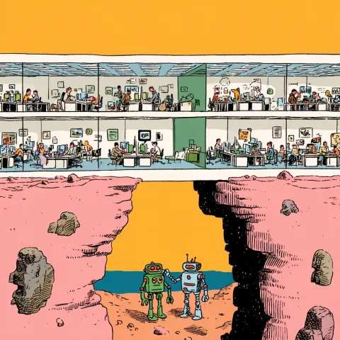 A large office split into two worlds: one side filled with humans working traditionally