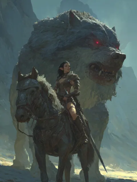 A giant wolf with glowing eyes and a female elf riding, skimpy armor