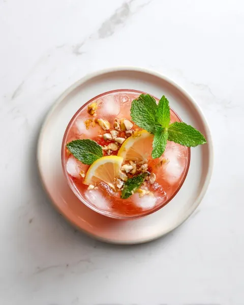 Photorealistic overhead top-down flat lay food photography of homemade Beach Peach Lemonade
