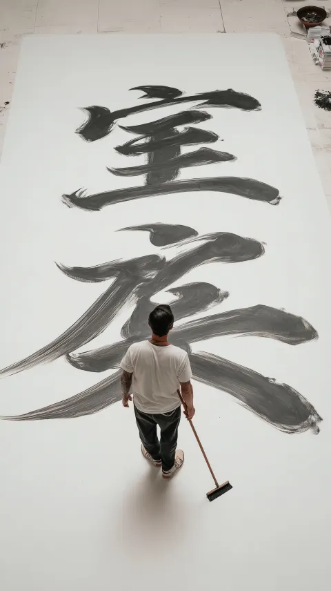 Hyperrealistic Modern chinese man painting a very large canvas that is on the floor and he's painted