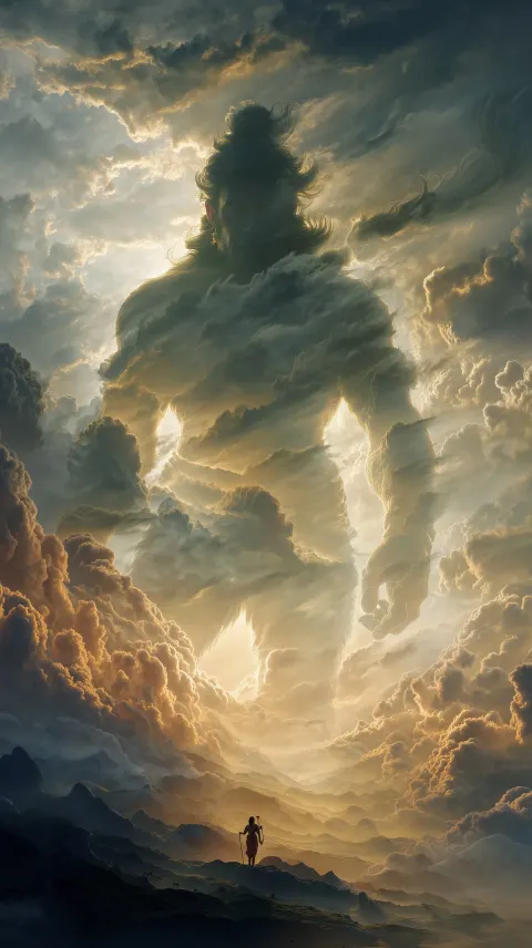 Aesthetic symbolic depiction of Lord Hanuman as a colossal living sky his entire form made of layere