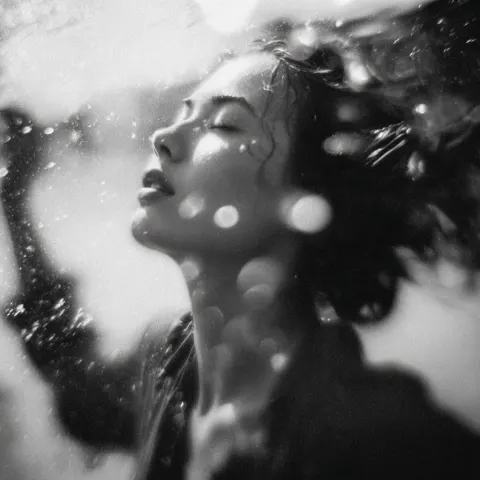 Black and white photograph of a woman raising her head out of water, grainy, blurry