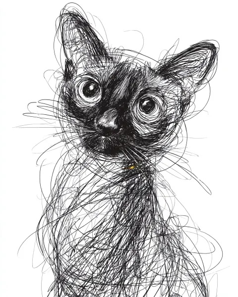 Abstract line drawing of a tortoiseshell point Siamese cat, medium short-haired breed