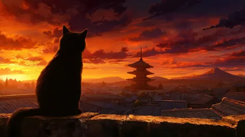 An anime style detailed illustration of a black cat in full back view, sitting on an ancient