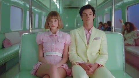 Cinematic shot, Wes Anderson style, two people sitting far apart on a long pastel mint green vintage