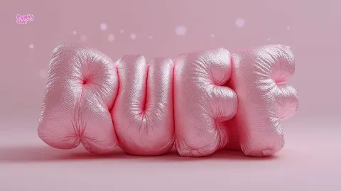 A stylized word "RUFF" made of soft inflated pink leather
