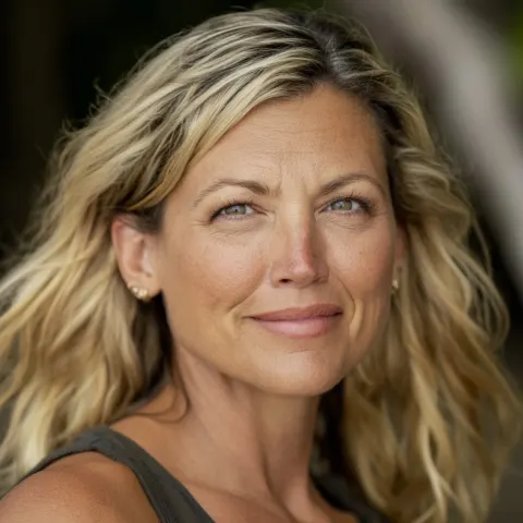 Headshot of female Survivor contestant, age 42 blonde, athletic, fit, pretty, 2024