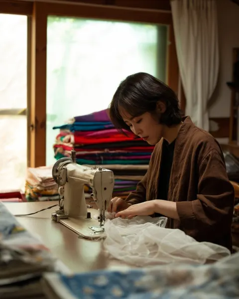 A woman sewing delicate fabric on a vintage sewing machine in a cozy Korean craft studio