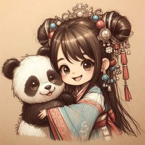 Girl in Chinese Costume Hugging Panda