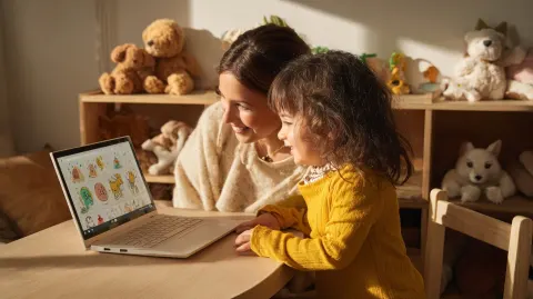 A young girl in yellow is sitting at the desk with her mother
