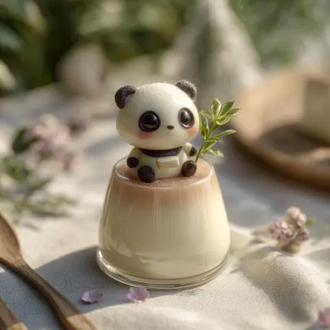 A realistic panna cotta dessert in a glass cup, smooth creamy texture with a soft pastel top layer