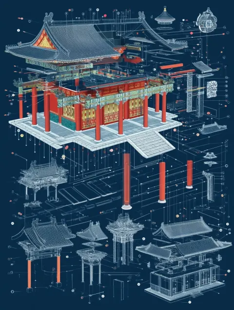 An exploded diagram of a detailed chinese ancient architecture, colored 3D main body