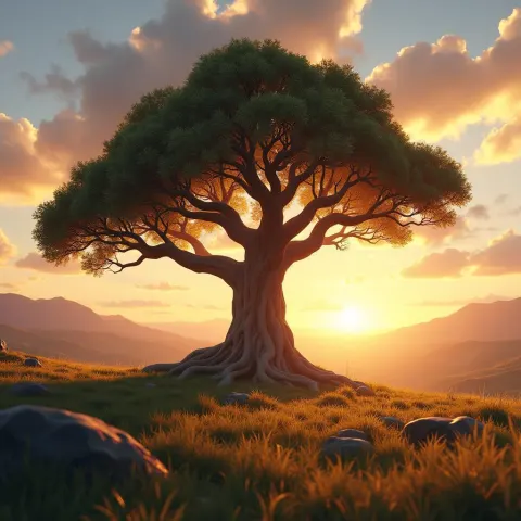 Colossal Lone Tree Glowing at Valley Sunset