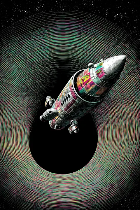 A distorted spaceship getting sucked in and absorbed by big black hole in a dynamic pose in space