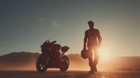Hollywood premium commercial motorcycle advertising aesthetic, epic 360-degree orbit ending shot