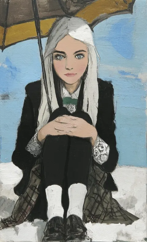 Anime a girl with long hair and white shoes is sitting on the snow