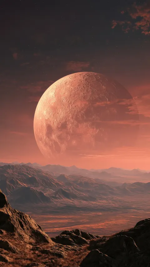 Ancient pink-tinted Moon hanging over a prehistoric Earth landscape, volcanic terrain below
