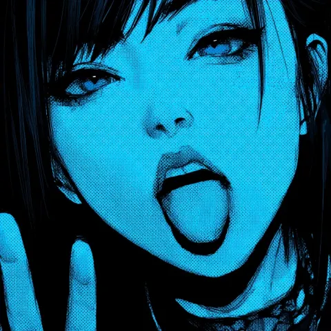 Anime punk hyper pop futuristic girl tongue out gang signs monochrome blue