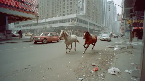 Areal snapshot of two horses highspeed chasing down times square new york, 1990ies