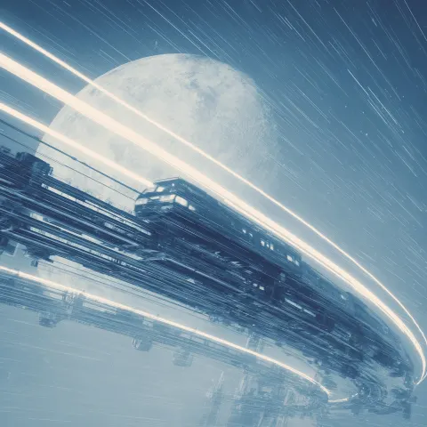 Astral train running to and from earth and moon that transits through an advanced massive low earth