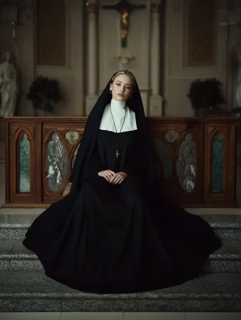 Beautiful young woman with full hips and full size dressed as a modern day warrior nun sitting on ch