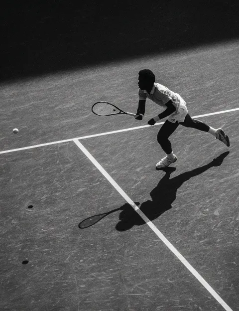 Black and white photograph of the iconic shot from the match between courtside