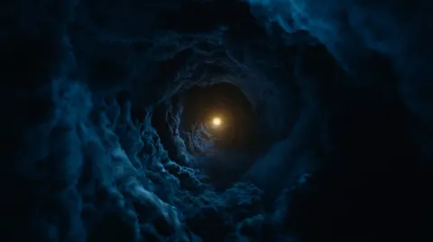 Camera flying forward through a dark cosmic tunnel of swirling deep blue and black nebula clouds